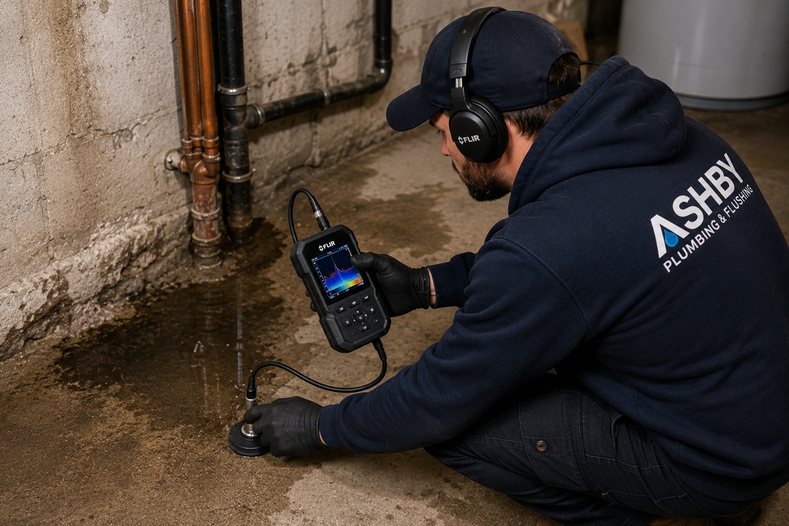 Professional leak detection technician inspecting water leak in Toronto